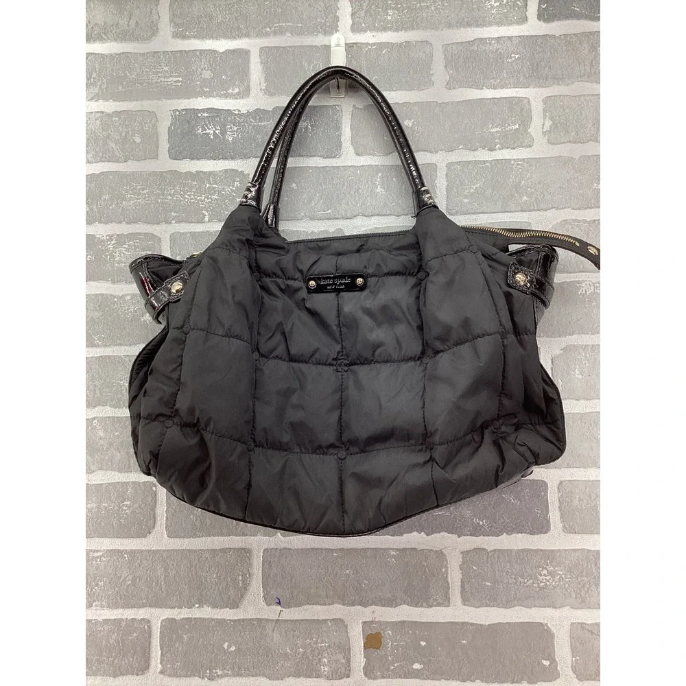 Kate Spade Black Quilted Nylon Puffer Tote Bag Patent Leather Trim Green Lining